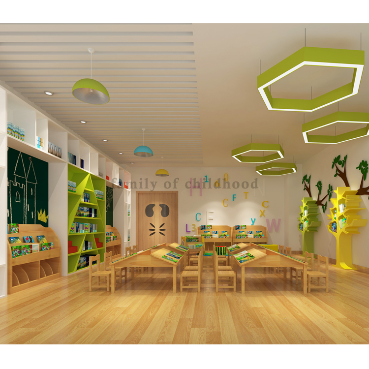 Daycare Kids School Classroom Bookshelf Wooden Library Bookcase School Children Library Table Chair Furniture
